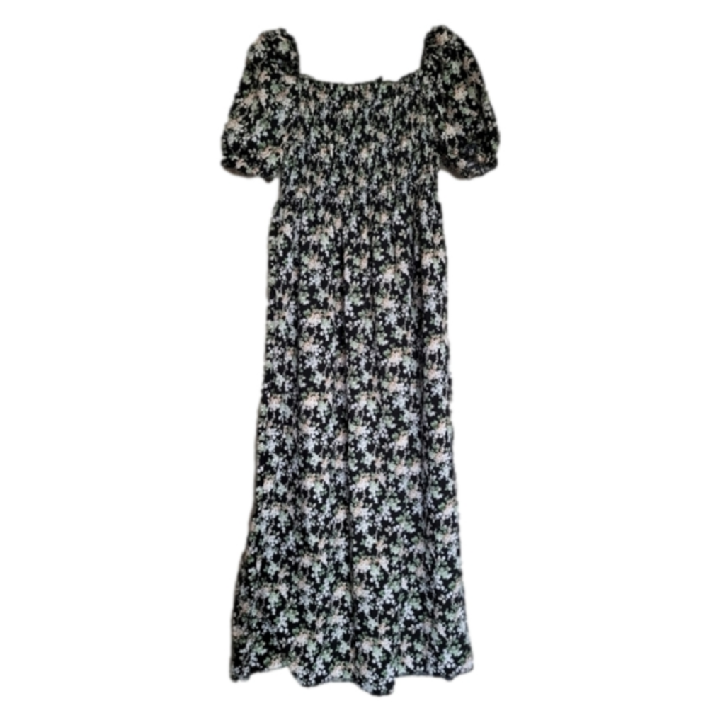 Floral Black Square Neckline Flowy Maxi Dress